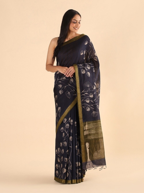 

Taneira Blue & Green Floral Pure Silk Tussar Saree