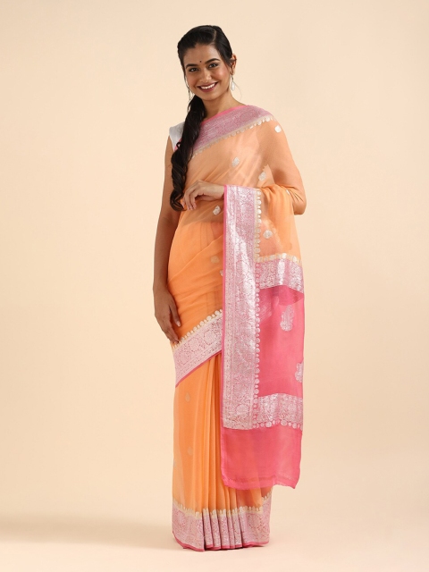 

Taneira Orange & Pink Floral Embroidered Pure Georgette Banarasi Saree