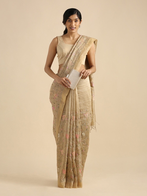 

Taneira Beige & Pink Floral Printed Zari Pure Linen Saree