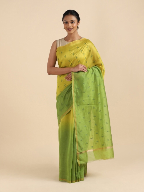 

Taneira Green & Gold-Toned Floral Zari Silk Cotton Saree