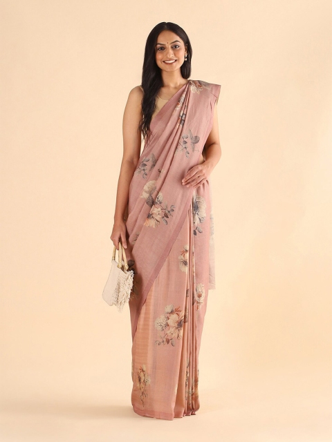 

Taneira Pink & Beige Floral Zari Pure Silk Tussar Saree