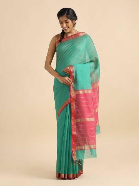 

Taneira Sea Green & Pink Striped Zari Silk Cotton Maheshwari Saree