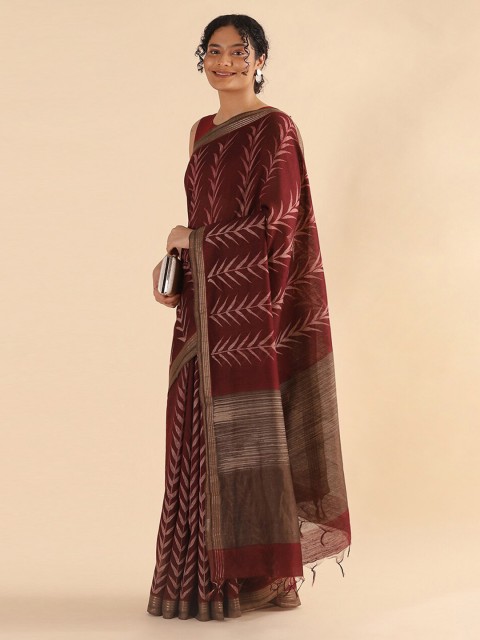 

Taneira Red & Gold-Toned Floral Printed Pure Silk Tussar Saree