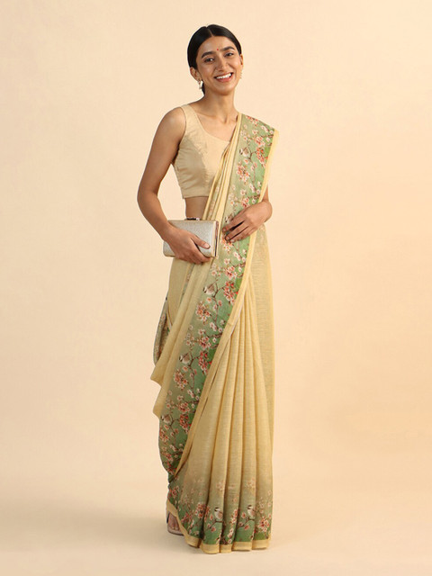 

Taneira Beige & Green Floral Pure Linen Saree