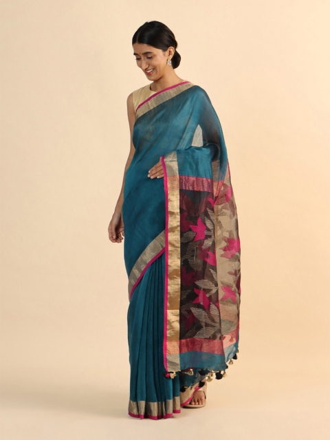 

Taneira Teal Blue & Pink Zari Silk Linen Jamdani Saree