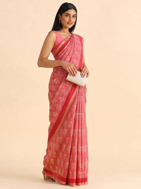 

Taneira Pink & White Floral Zari Pure Silk Tussar Saree