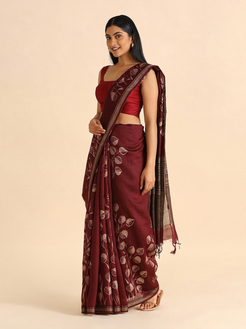 

Taneira Red & Beige Floral Printed Pure Silk Tussar Saree