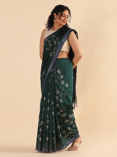 

Taneira Green & Grey Floral Zari Pure Silk Tussar Saree
