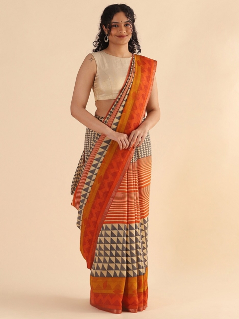 

Taneira Orange & Grey Zari Pure Silk Tussar Saree