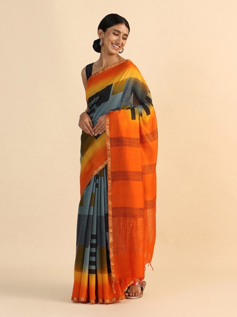 

Taneira Orange & Grey Geometric Printed Pure Silk Tussar Saree