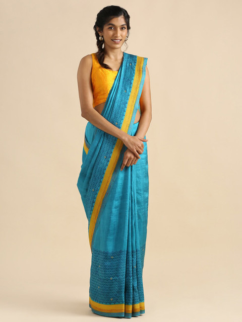 

Taneira Blue & Yellow Woven Design Embroidered Pure Silk Saree