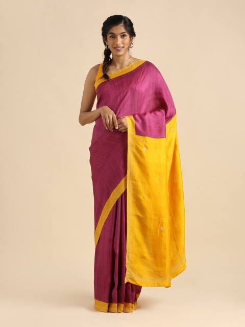 

Taneira Magenta & Yellow Embroidered Pure Silk Saree