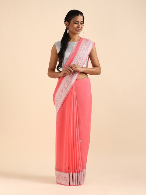 

Taneira Pink & Silver-Toned Zari Pure Georgette Banarasi Saree