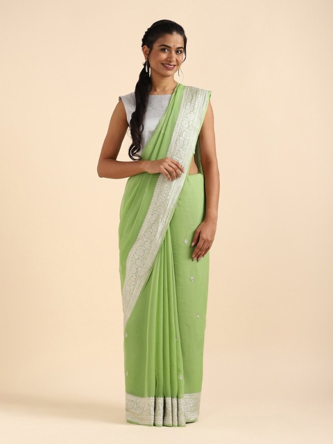 

Taneira Green & Silver-Toned Floral Embroidered Pure Georgette Banarasi Saree