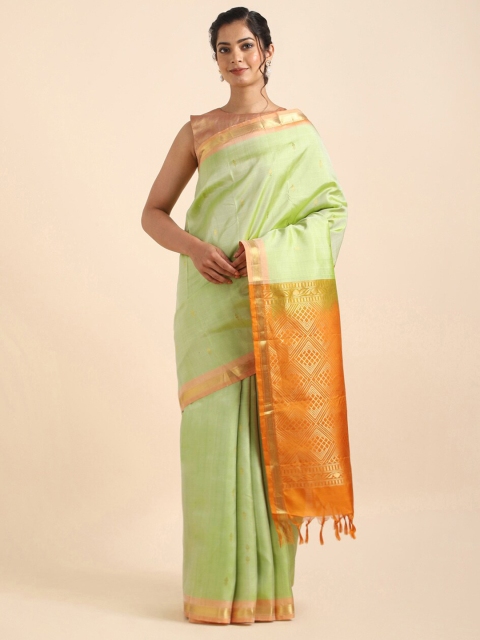 

Taneira Green & Orange Zari Pure Silk Kanjeevaram Saree