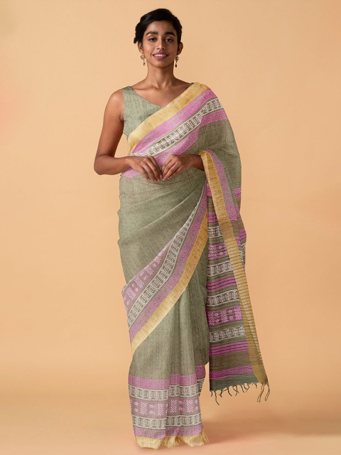 

Taneira Green & Purple Blockprinted Pure Linen Saree