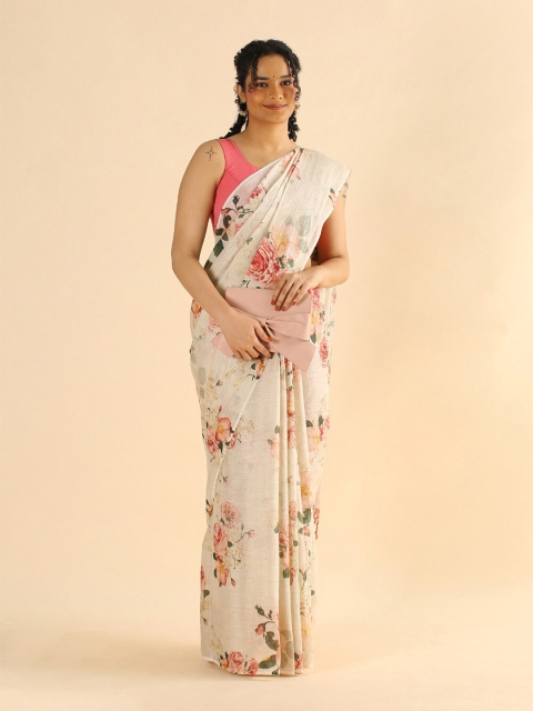 

Taneira Cream-Coloured & Pink Floral Pure Linen Saree
