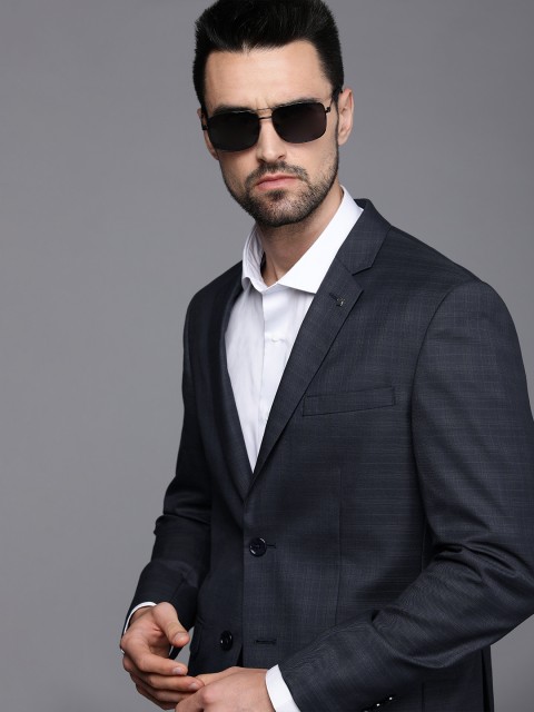 

Louis Philippe Men Navy Blue Striped Single-Breasted Slim-Fit Formal Blazer