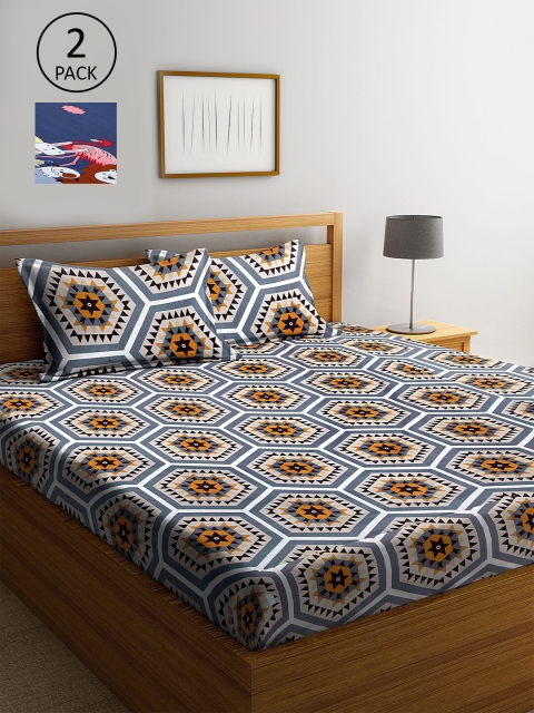 

KLOTTHE White & Blue Printed 210 TC 2 King Bedsheet with 4 Pillow Covers