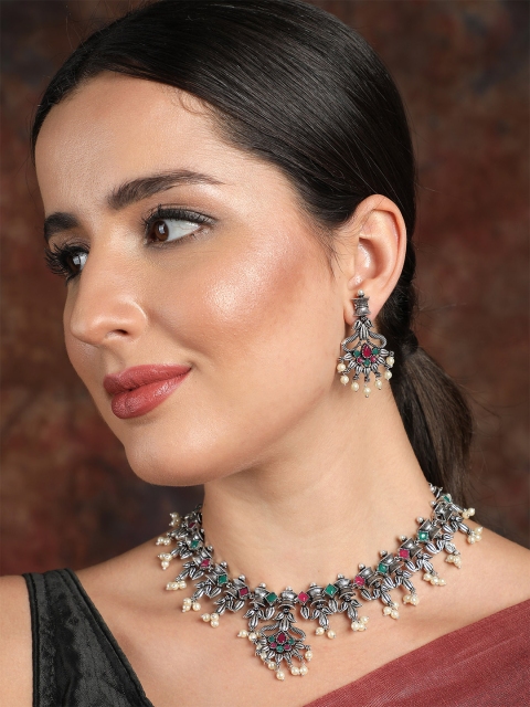 

Ishin Oxidised Silver-Plated Green & Red Stone Studded Jewellery Set