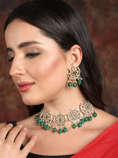 

Ishin Women's Gold Plated Green & White Stone Studded Choker Jewellery Set