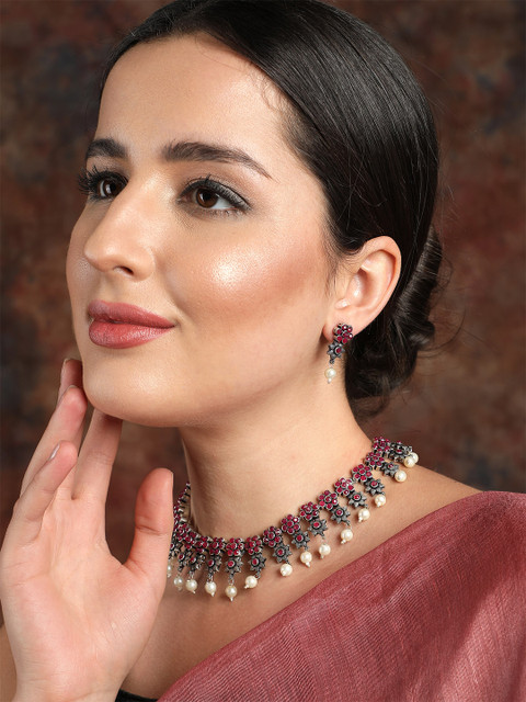 

Ishin Red Silver-Plated German Silver Oxidised Choker Set