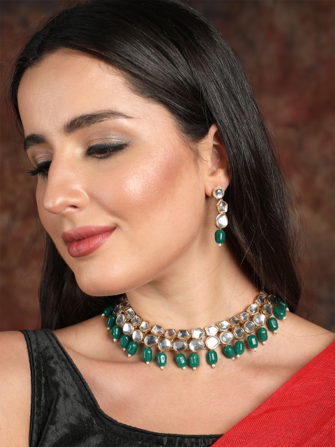 

Ishin Gold-Plated Green Kundan Studded & Beaded Choker Jewellery Set