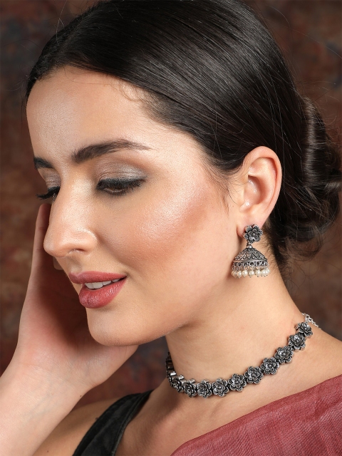 

Ishin Oxidised Silver- Plated Pearl Beaded Floral Choker Set