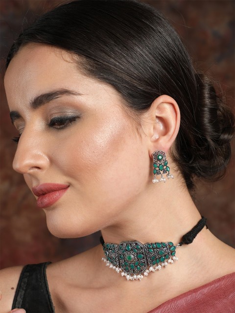 

Ishin Oxidised Silver-Plated Green & White Stone Studded & Beaded Jewellery Set