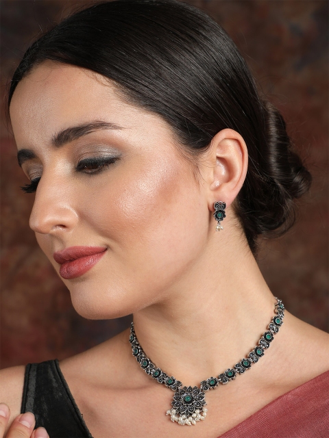 

Ishin Silver-Plated & Green Stone-Studded Jewellery Set