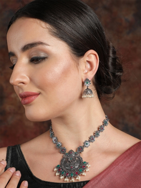 

Ishin Women German Silver Silver Plated Stone Studded Pearl Jewellery Set