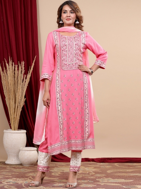 

ANAISA Women Pink Ethnic Motifs Printed Sequinned Kurta With Trousers & Dupatta