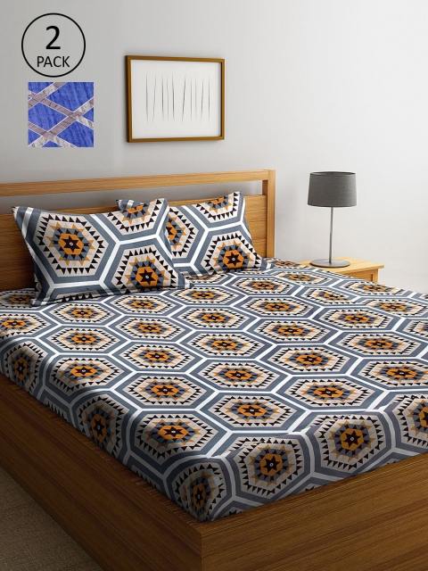 

KLOTTHE Blue & Grey Geometric 210 TC 2 King Bedsheet with 4 Pillow Covers