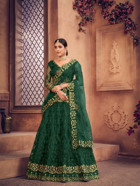 

Warthy Ent Green & Gold-Toned Embroidered Thread Work Semi-Stitched Lehenga & Unstitched Blouse With Dupatta
