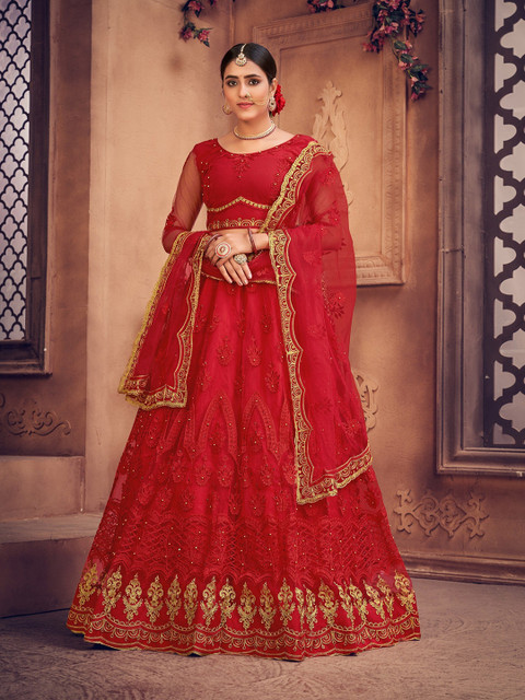 

Warthy Ent Red & Gold-Toned Embroidered Thread Work Semi-Stitched Lehenga & Unstitched Blouse With Dupatta