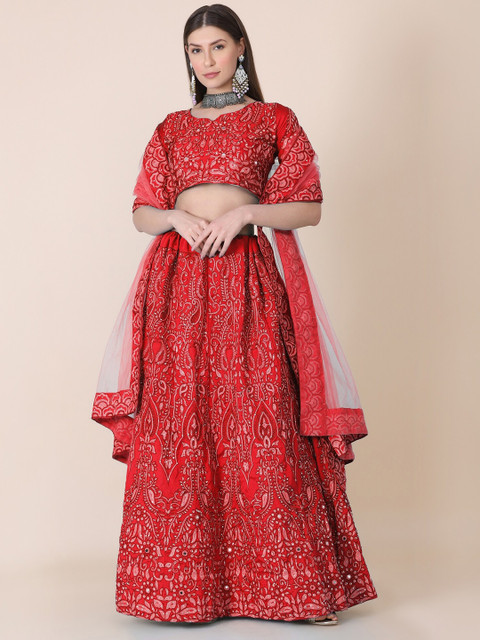 

Warthy Ent Red Embroidered Semi-Stitched Lehenga & Unstitched Blouse With Dupatta
