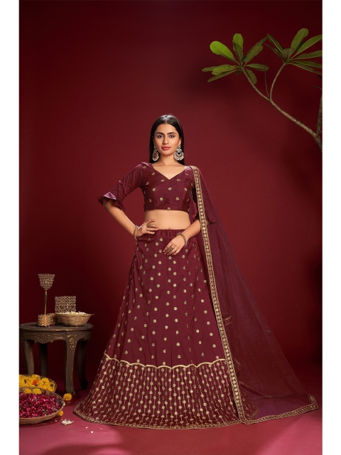 

Warthy Ent Women Maroon & Gold Embroidered Semi-Stitched Lehenga Unstitched Choli Dupatta