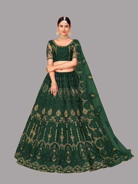 

Warthy Ent Green & Gold-Toned Embroidered Thread Work Semi-Stitched Lehenga & Unstitched Blouse With Dupatta