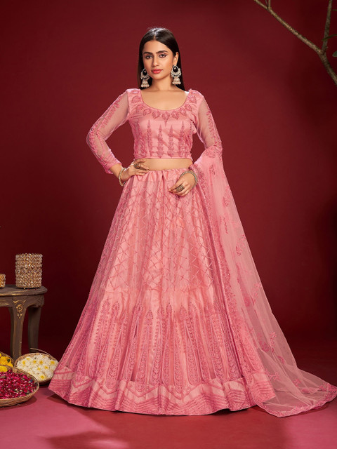

Warthy Ent Women Pink Embroidered Semi-Stitched Lehenga & Unstitched Choli With Dupatta