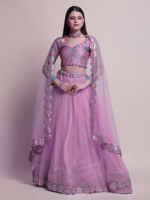 

Warthy Ent Purple & Blue Embroidered Mirror Work Semi-Stitched Lehenga & Unstitched Blouse With Dupatta