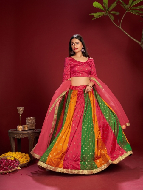 

Warthy Ent Pink & Green Printed Semi-Stitched Lehenga & Unstitched Blouse With Dupatta