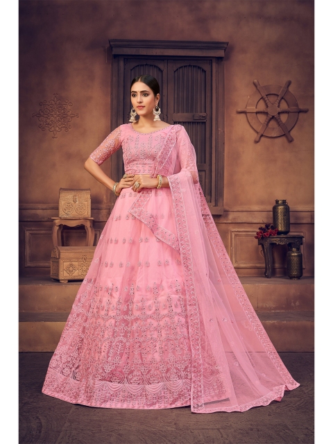 

Warthy Ent Pink & Red Embroidered Thread Work Semi-Stitched Lehenga & Unstitched Blouse With Dupatta