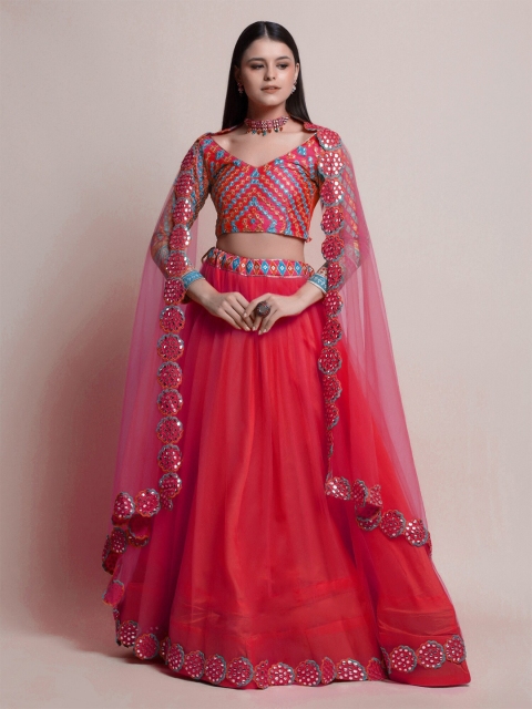 

Warthy Ent Women Red & Blue Embroidered Semi-Stitched Lehenga & Unstitched Choli Dupatta