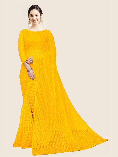 

Jashvi Creation Yellow Embellished Net Saree