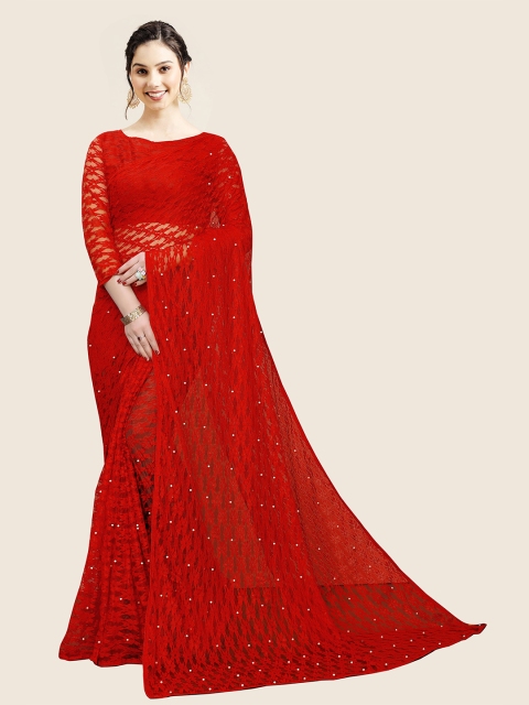 

Jashvi Creation Red Self Design Beads and Stones Net Party Saree