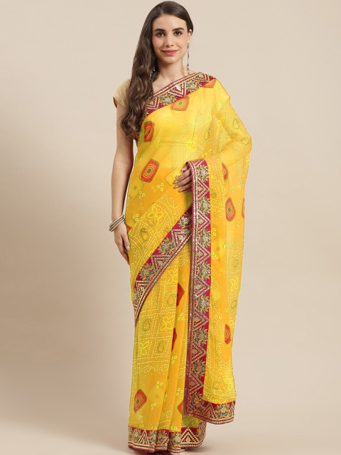 

Chhabra 555 Yellow & Red Bandhani Printed Gotta Patti Georgette Saree