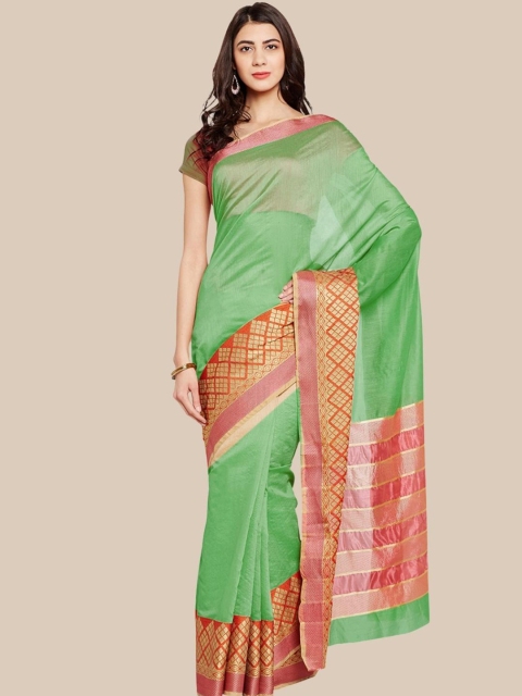 

Chhabra 555 Sea Green & Coral Solid Zari Silk Cotton Chanderi Saree