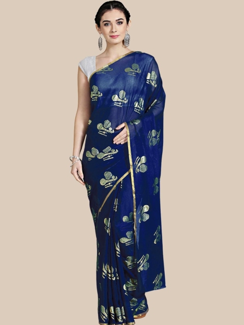 

Chhabra 555 Navy Blue & Gold-Toned Ethnic Motifs Chanderi Saree