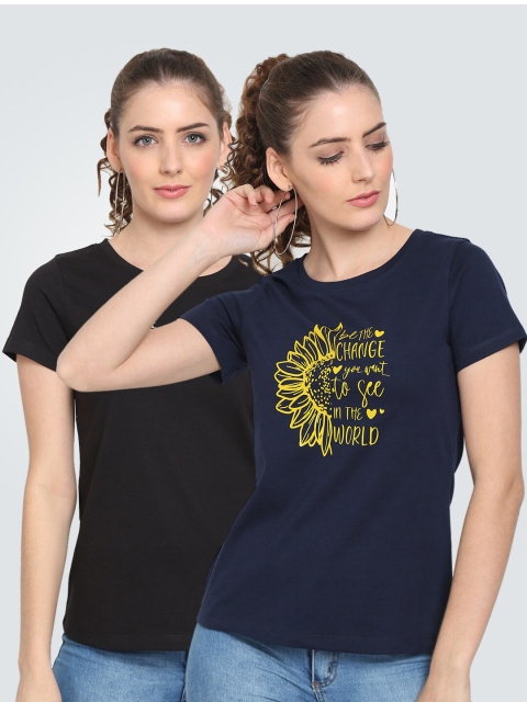 

UnaOne Women Black Typography 2 Printed V-Neck Slim Fit T-shirt