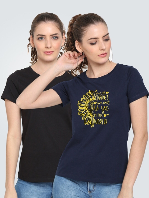 

UnaOne Women Black Typography 2 Printed V-Neck Slim Fit T-shirt